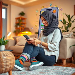 A woman wearing a fashionable hijab and colorful socks sits comfortably in a cozy living room, engaging with her smartphone