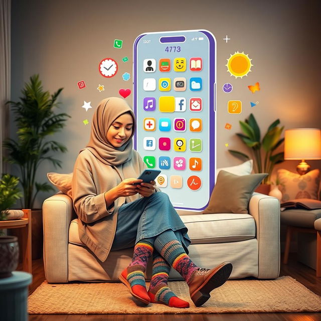 A woman wearing a fashionable hijab and colorful socks sits comfortably in a cozy living room, engaging with her smartphone