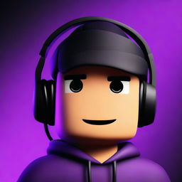 This digital art image presents a Roblox-style cartoon face of an esports player, complete with a black and purple gaming headset