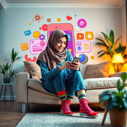 A woman wearing a fashionable hijab and colorful socks sits comfortably in a cozy living room, engaging with her smartphone