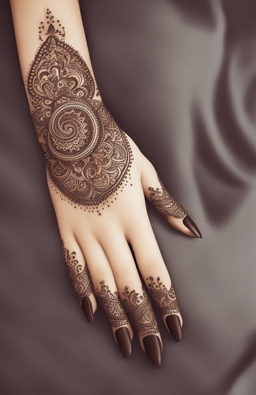 A high-quality digital art image showcasing simple, traditional mehndi designs on a pair of beautifully rendered hands