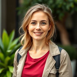 A full-length photo of a healthy, active, and friendly woman aged 30-45 with a natural appearance