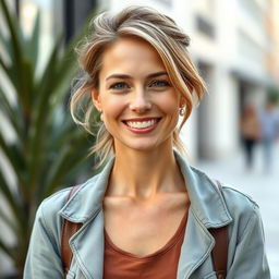 A full-length photo of a healthy, active, and friendly woman aged 30-45 with a natural appearance