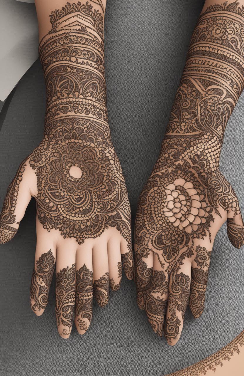 A high-quality digital art image showcasing simple, traditional mehndi designs on a pair of beautifully rendered hands