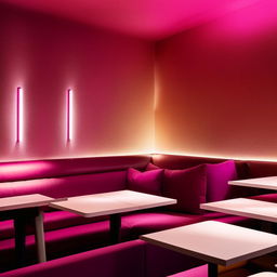 An aesthetic restaurant design with bold accents featuring comfortable magenta sofas paired with white, minimalist tables, under soft, inviting lighting.