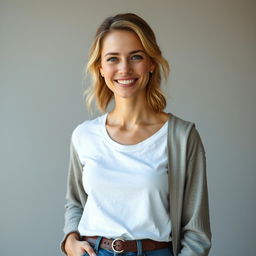 A full-length photo of a healthy, active, and friendly woman aged 30-45 with a natural appearance