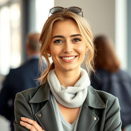 A full-length photo of a healthy, active, and friendly woman aged 30-45 with a natural appearance