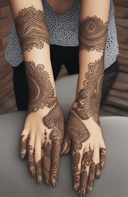 A high-quality digital art image showcasing simple, traditional mehndi designs on a pair of beautifully rendered hands