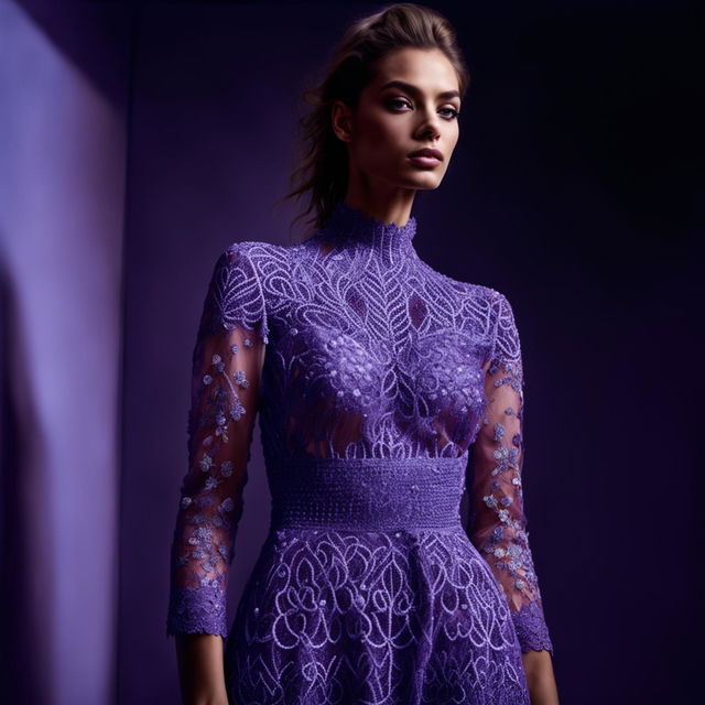 This is a high-definition, editorial-style photograph featuring a model in a rich purple dress, adorned with intricate, elegant embroidery