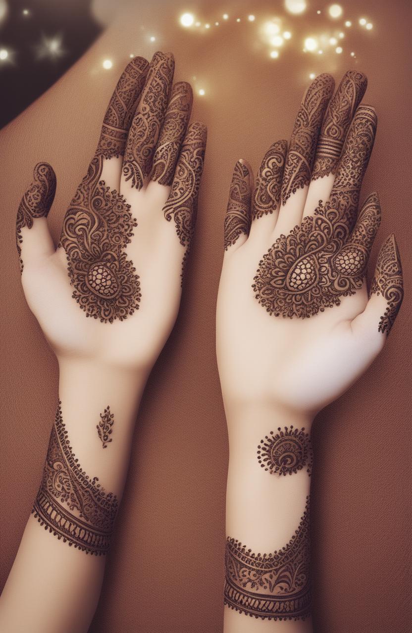 A high-quality digital art image showcasing simple, traditional mehndi designs on a pair of beautifully rendered hands