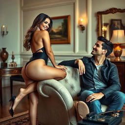 A sexy woman in a stylish outfit, playfully perched on the armrest of a luxurious armchair, next to a casually dressed man looking at her with admiration