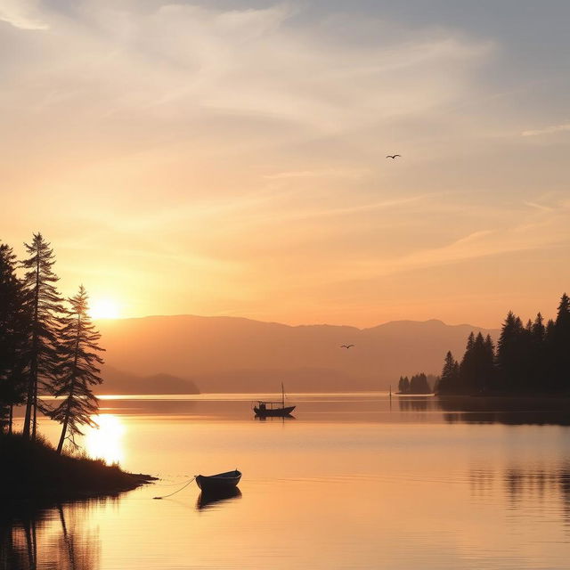 A breathtaking sunrise over a tranquil lake, with soft golden and pink hues reflecting off the water's surface