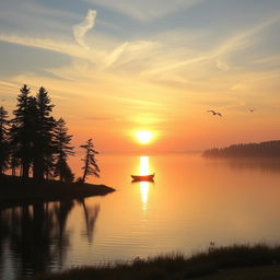 A breathtaking sunrise over a tranquil lake, with soft golden and pink hues reflecting off the water's surface