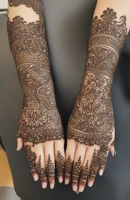 A high-quality digital art image showcasing simple, traditional mehndi designs on a pair of beautifully rendered hands