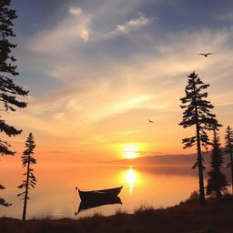 A breathtaking sunrise over a tranquil lake, with soft golden and pink hues reflecting off the water's surface