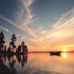 A breathtaking sunrise over a tranquil lake, with soft golden and pink hues reflecting off the water's surface