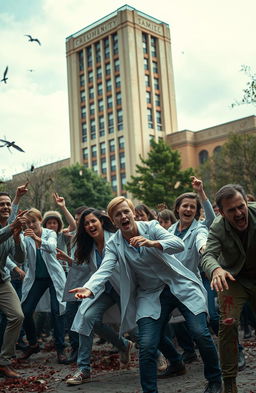 A group of pharmacy students courageously battling against a horde of zombies in an urban university setting