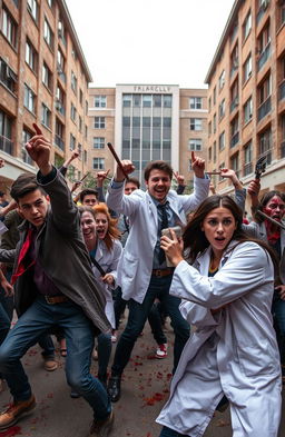 A group of pharmacy students courageously battling against a horde of zombies in an urban university setting