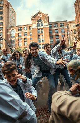 A group of pharmacy students courageously battling against a horde of zombies in an urban university setting
