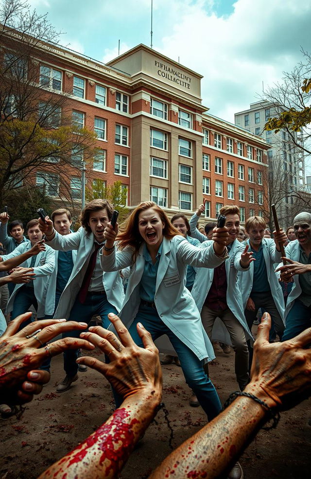 A group of pharmacy students courageously battling against a horde of zombies in an urban university setting