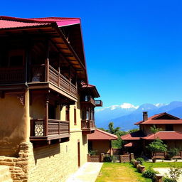 A traditional Nepalese house featuring mud and brick walls, a vibrant red-tiled roof, and multiple charming balconies adorned with intricately carved wooden railings