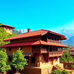 A traditional Nepalese house featuring mud and brick walls, a vibrant red-tiled roof, and multiple charming balconies adorned with intricately carved wooden railings