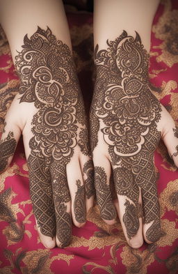 A high-quality digital art image showcasing simple, traditional mehndi designs on a pair of beautifully rendered hands