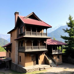 A traditional Nepalese house featuring mud and brick walls, a vibrant red-tiled roof, and multiple charming balconies adorned with intricately carved wooden railings