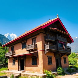 A traditional Nepalese house featuring mud and brick walls, a vibrant red-tiled roof, and multiple charming balconies adorned with intricately carved wooden railings