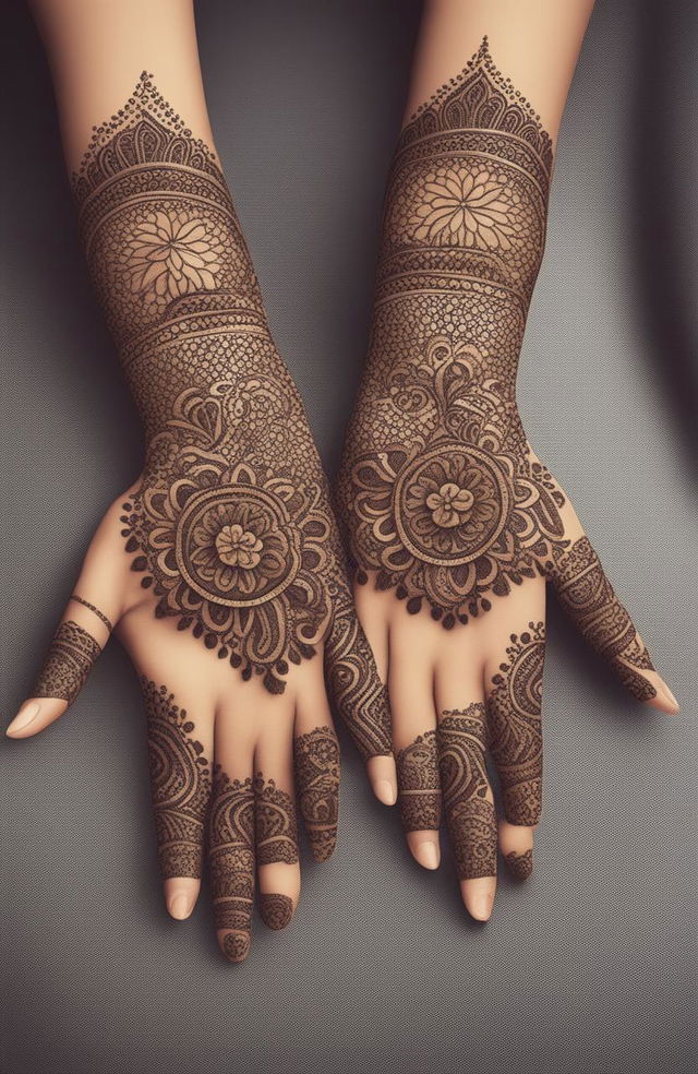 A high-quality digital art image showcasing simple, traditional mehndi designs on a pair of beautifully rendered hands