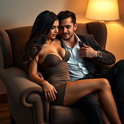 A sexy woman sitting on the armrest of an armchair beside a man, with the man's right arm wrapped around her