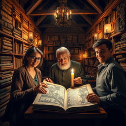 Inside an ancient library filled with towering shelves of weathered books and scrolls, a group of historians uncovers a mysterious, illuminated manuscript that reveals hidden secrets of German history