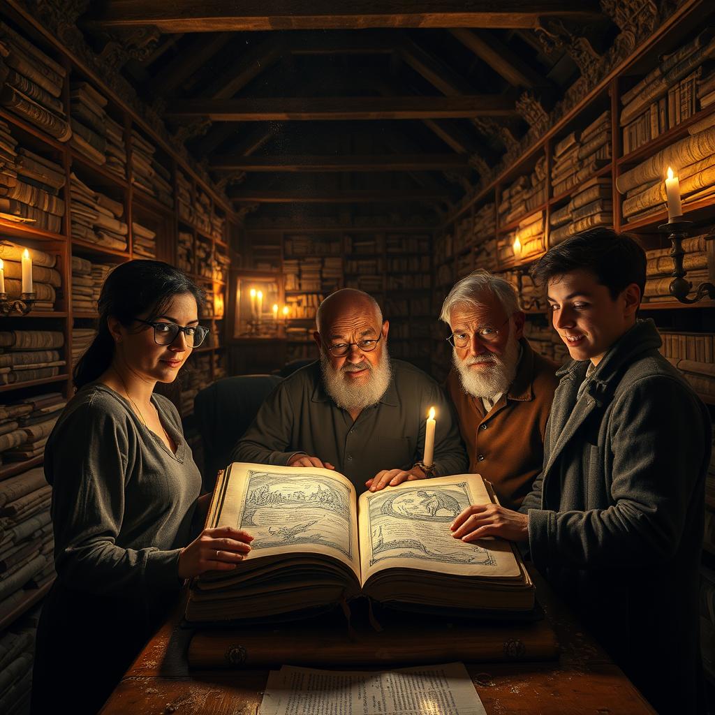 Inside an ancient library filled with towering shelves of weathered books and scrolls, a group of historians uncovers a mysterious, illuminated manuscript that reveals hidden secrets of German history