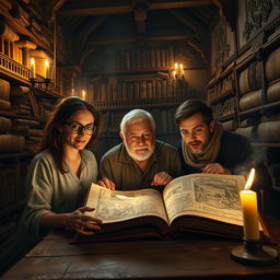 Inside an ancient library filled with towering shelves of weathered books and scrolls, a group of historians uncovers a mysterious, illuminated manuscript that reveals hidden secrets of German history