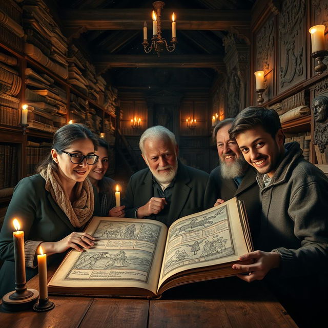 Inside an ancient library filled with towering shelves of weathered books and scrolls, a group of historians uncovers a mysterious, illuminated manuscript that reveals hidden secrets of German history