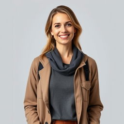 A full-length photo of a healthy, active, and friendly woman aged 30-45 with a natural appearance