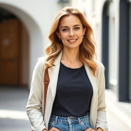A full-length photo of a healthy, active, and friendly woman aged 30-45 with a natural appearance