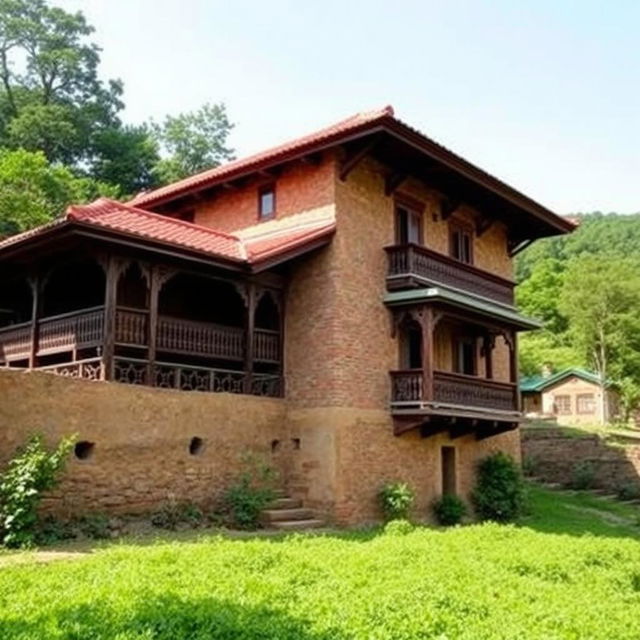 A traditional Nepalese house featuring rustic mud and brick walls, adorned with a vibrant red-tiled roof