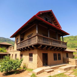 A traditional Nepalese house featuring rustic mud and brick walls, adorned with a vibrant red-tiled roof