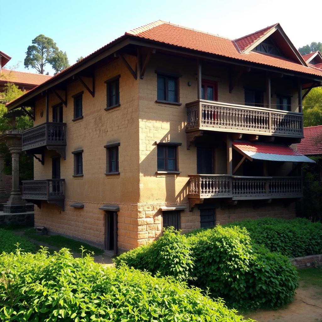 A traditional Nepalese house featuring rustic mud and brick walls, adorned with a vibrant red-tiled roof