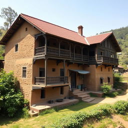 A traditional Nepalese house featuring rustic mud and brick walls, adorned with a vibrant red-tiled roof