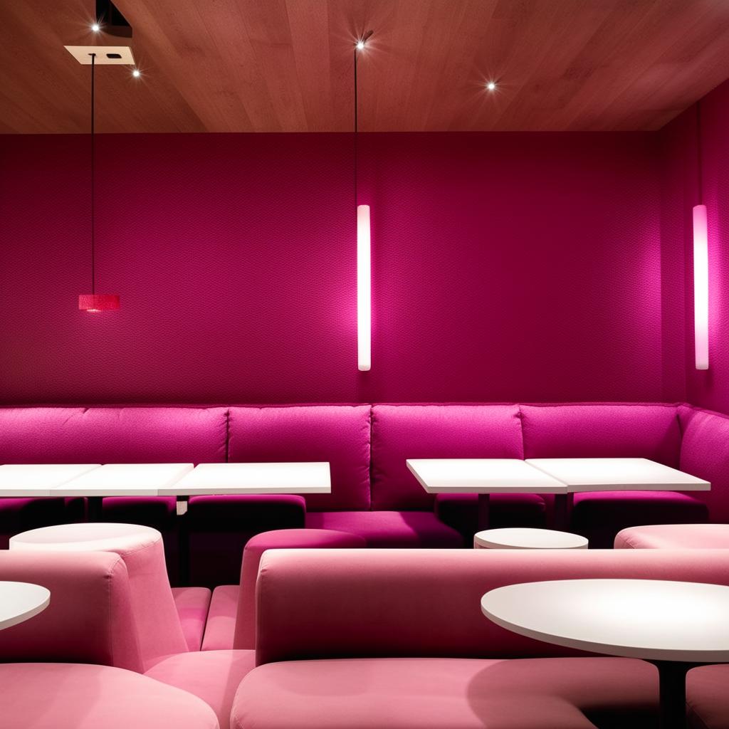 An aesthetic restaurant design with bold accents featuring comfortable magenta sofas paired with white, minimalist tables, under soft, inviting lighting.