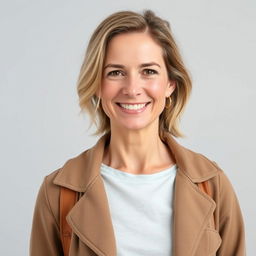 A full-length photo of a healthy, active, and friendly woman aged 40-45 with a natural appearance