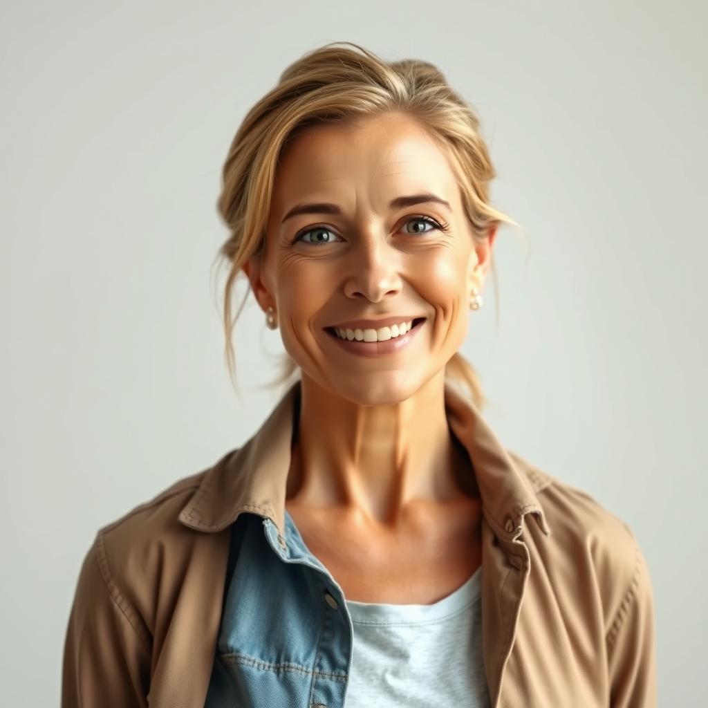 A full-length photo of a healthy, active, and friendly woman aged 40-45 with a natural appearance