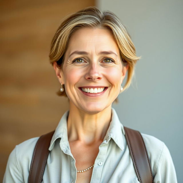 A full-length photo of a healthy, active, and friendly woman aged 40-45 with a natural appearance