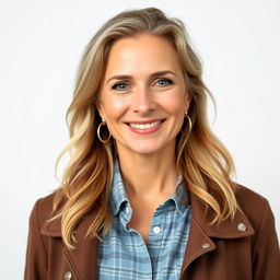 A full-length photo of a healthy, active, and friendly woman aged 40-45 with a natural appearance