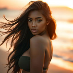 A stunningly beautiful woman in an alluring pose, showcasing her captivating silhouette against a soft, dreamy background