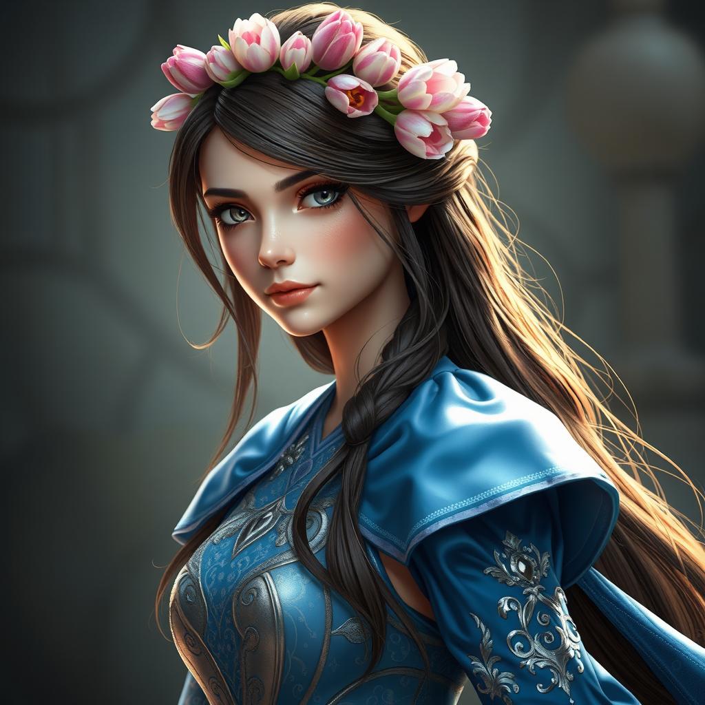 A beautiful character with long brown hair and striking gray eyes, wearing a stunning dress that seems impractical for battle