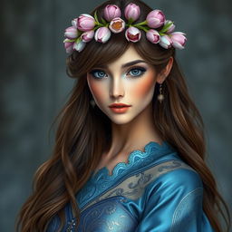 A beautiful character with long brown hair and striking gray eyes, wearing a stunning dress that seems impractical for battle