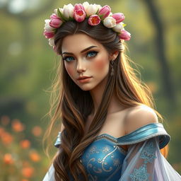 A beautiful character with long brown hair and striking gray eyes, wearing a stunning dress that seems impractical for battle